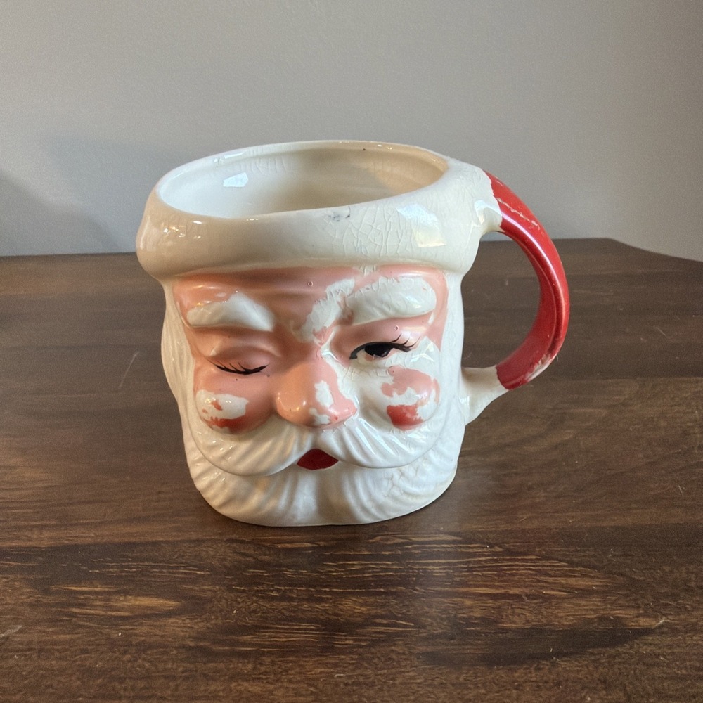Vintage Winking Santa Face Mug 3" Face Cocoa Cup Kitchy MCM Chippy